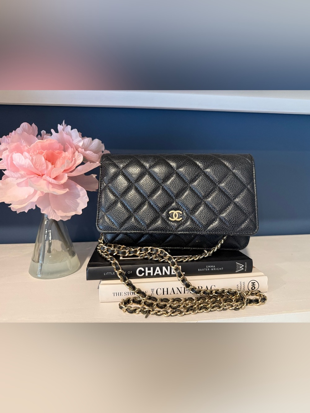 CHANEL Black Quilted Caviar Leather Crossbody with Gold Chain